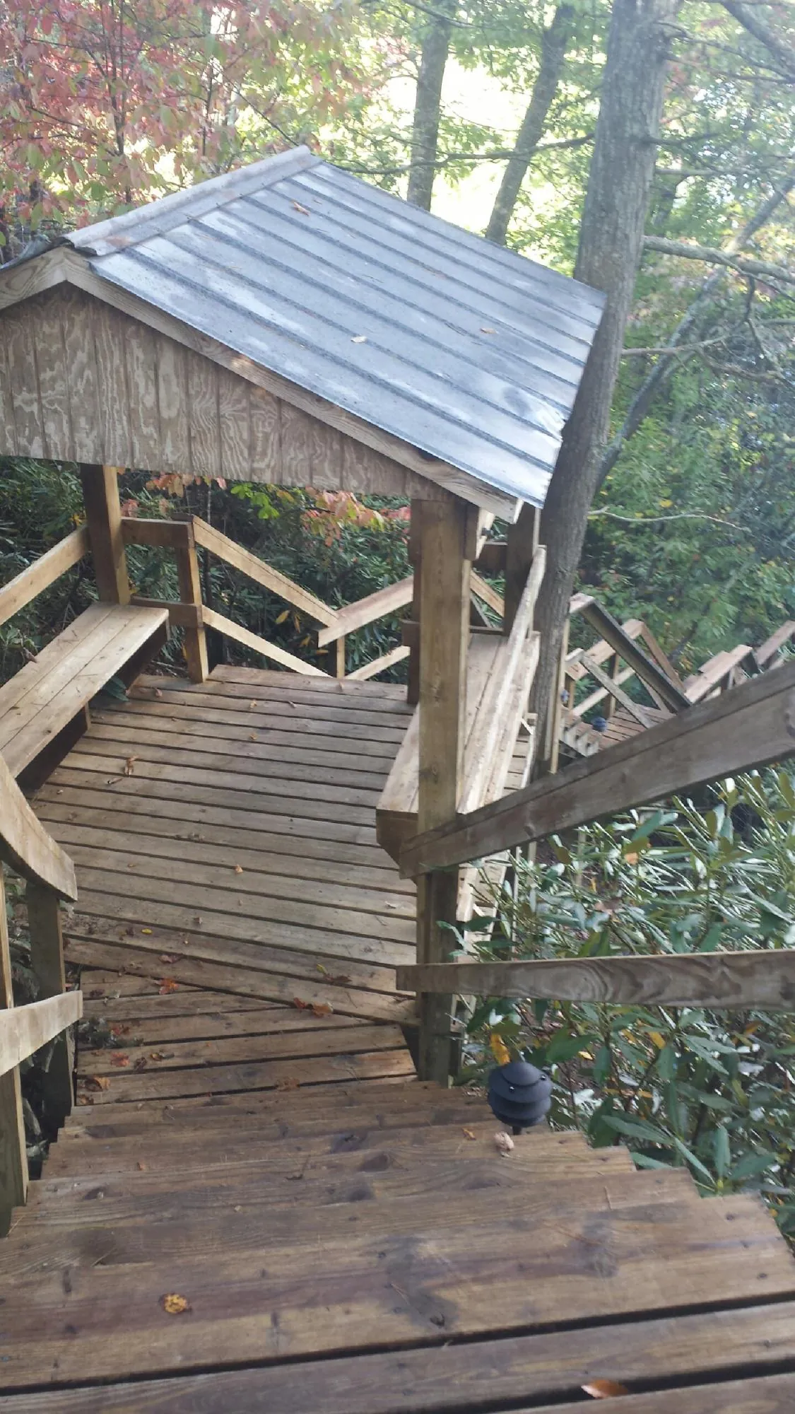 Metal roofed shelter over wooden steps on a wooded walkway — Skylight Repair & Installation work by our crew in Sour Lake